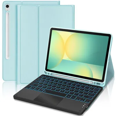 Image de Coque Clavier pour Samsung Galaxy Tab S10 FE / S9 FE, Cuir Synthétique Bleu avec Clavier Rétroéclairé Magnétique