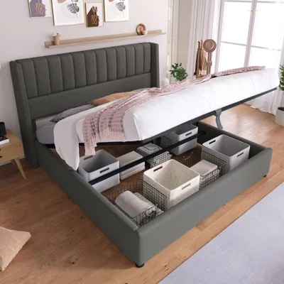 Image de OKWISH Lit coffre 160x200 cm - Sommier à lattes, grand rangement - Gris