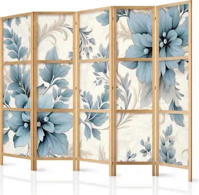 Productafbeelding van Japanse roomdivider met 5 panelen, enkelzijdig, van vliesbehang - Turquoise bloemen in retrostijl - Bloemmotieven, 225x172 cm, artikelnummer b-H-10011-bh-b