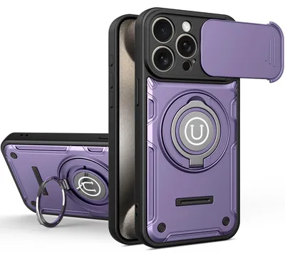 Produktbild von Magnetische Handyhülle für iPhone 15 Pro Max mit Kameraschutz Schieber, Ringhalter und Ständer, Stoßfeste Hülle Lila