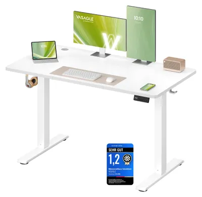 Zdjęcie produktu dla Stół VASAGLE z regulowaną wysokością, funkcja zapamiętywania 4 ustawień wysokości – kolor: biały, wymiary: 120 x 60 cm