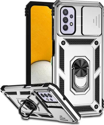 A silver phone case with a camera slider and ring holder is displayed on a white background. Another phone case is shown in the foreground, angled to reveal its features.