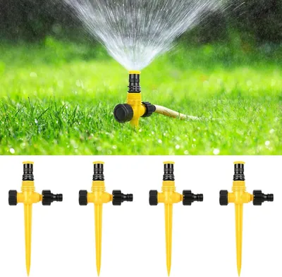Productafbeelding van 4 stuks gazonsproeiers met grondpen en 4 tandemnippels, 360 graden instelbaar, automatische irrigatie, tuinsprinkler voor tuin, gazon, planten