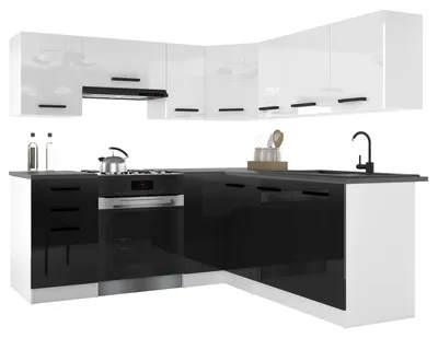 Immagine prodotto di Belini - Angolo cottura moderno ITALIA 6 - Mobili da cucina 360 cm bianco-nero lucido - Cucina componibile con pensili, mobili base e piani di lavoro