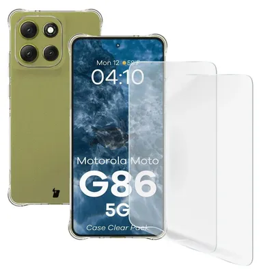 A Motorola Moto G86 5G phone case and screen protectors are displayed.