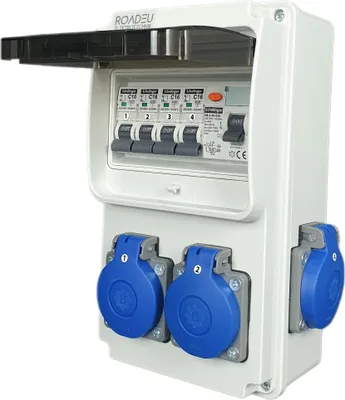 Produktbild von Stromverteiler 230V, 4x Schuko Steckdose mit Schalter, Steckdosenverteiler mit Fi Schutzschalter 40A, 4x C 16A. Baustromverteiler IP44.