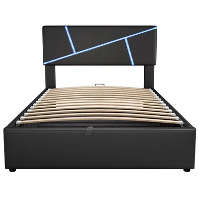 Produktbild von Flieks Polsterbett 90x200cm mit LED, Boxspringbett Jugendbett mit Lattenrost, Stauraumbett Einzelbett Massivholzbett, PU, Schwarz