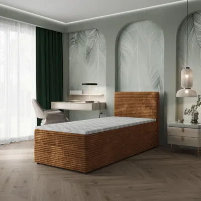 Produktbild von Masseno Boxspringbett PISA 100 100x200 cm Komplett-Set mit Bonell Matratze und Topper, Polsterbett mit Bettkästen -Orange, TILIA 56