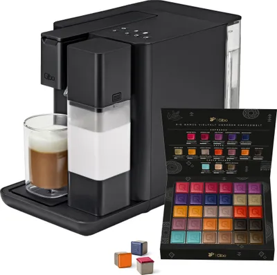 Produktbild von Tchibo Qbo MILK MASTER Premium Kapselmaschine inkl. 30 recyclebare Qbo Kapseln für Cappuccino, Espresso, Caffè Crema, Milchschaum auf Knopfdruck mit abnehmbarem Milchtank 300ml, Velvet Black