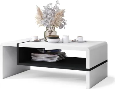 Produktbild von All4All Couchtisch Figo , kleiner Kaffeetisch , Wohnzimmertisch , Sofatisch mit Brett , Sofatisch , 100x60cm , 05 , Weiß & Schwarz