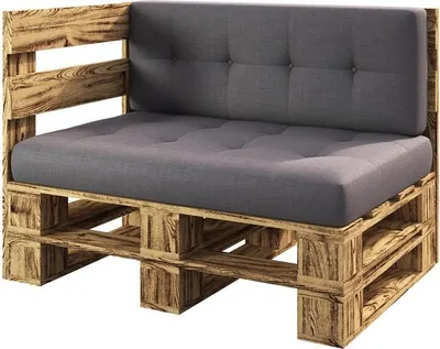 A corner sofa made from wooden pallets with gray cushions, shown against a white background.