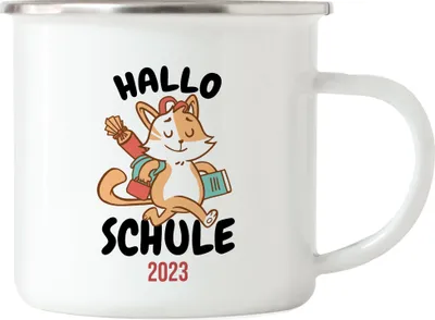 Produktbild von Hallo Schule 2023 Emaille Tasse Geschenkidee zur Schulstart oder Einschulung für Erstklässler Schulanfänger