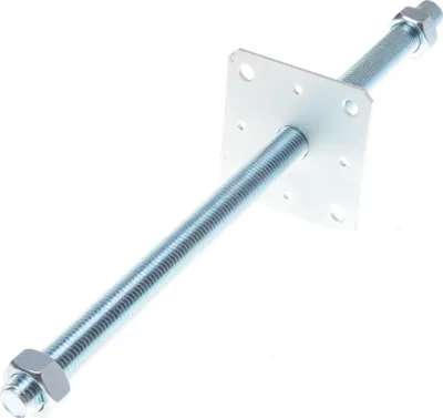 A metal post anchor with a square base plate and threaded rod with nuts on either end, isolated on a white background.