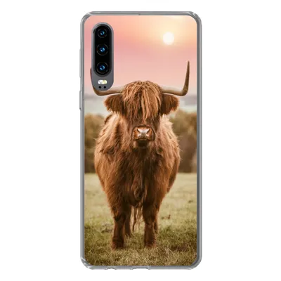 Produktbild von MuchoWow® Handyhülle Schutzhülle Hülle für Huawei P30 Schottischer Highlander - Sonne - Himmel Silikon Softcase Handy Hülle - Kartenbesitzer