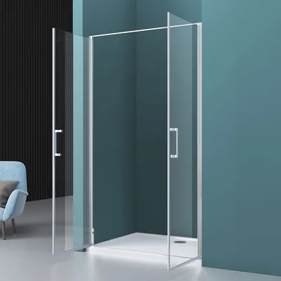 A modern shower enclosure with glass doors and a white base, set against a teal wall and a black ribbed wall.