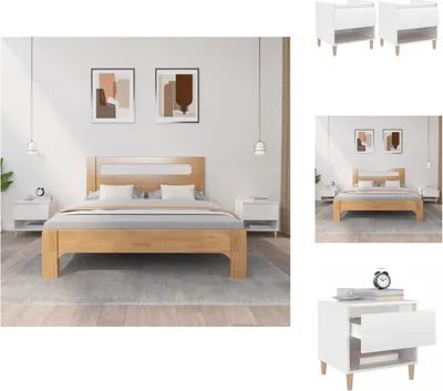 A collage of images showing a wooden bed frame with white nightstands, and close-ups of the nightstands.