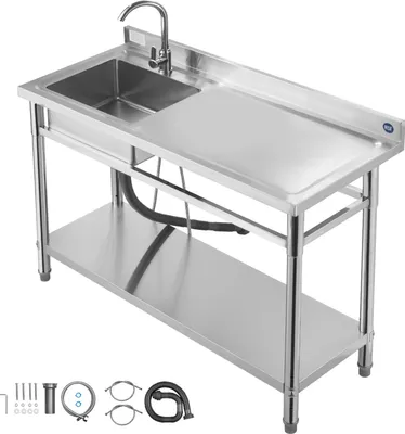 Immagine prodotto di Lavello SucceBuy in acciaio inox (120 x 50 x 94 cm), monovasca con rubinetto e ripiano, lavello da cucina per garage, ristorante o lavanderia, lavello da esterno con piano di lavoro (a destra)