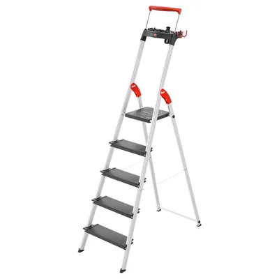 Produktbild von Hailo L100 Topline Alu-Sicherheits-Stehleiter - 5 XXL-Stufen bis 150 kg - Stehleiter mit ausziehbarem Haltebügel, Plattformverriegelung - viel Zubehör - klappbare Aluleiter  Germany - schwarz