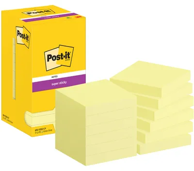 Productafbeelding van Post-it® SuperSticky 654-12SS-CY, plaknotitieblok Super Sticky - 76 x 76 mm, geel, 12 blokken met 90 velletjes elk, verpakt in karton