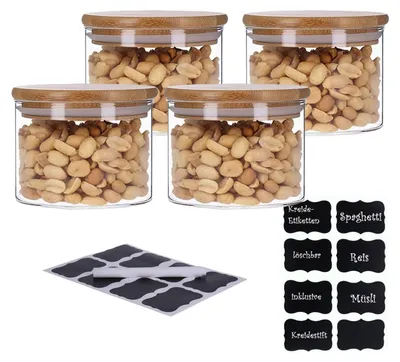 Produktbild von TP Vorratsgläser 4er Set mit Bambus Deckel, luftdichte Behälter inkl. Etiketten, 4 x 350 ml