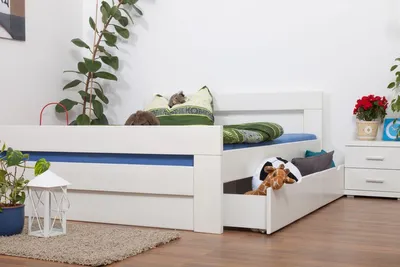 Produktbild von Doppelbett / Funktionsbett "Easy Premium Line" K6 inkl. 2 Schubladen und 1 Abdeckblende 160 x 200 cm Buche Vollholz massiv weiß lackiert
