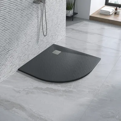 Produktbild von AQUABATOS SMC Duschwannen für badezimmer antirutsch, schieferoptik duschtasse fächerförmig, modern-design brausewanne schwarz extra-flach 90cm