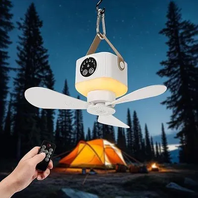 Productafbeelding van Ventilator voor tenten - Draagbare plafondventilator - 4 snelheden, stille werking - Dimbaar LED-licht - 7200mAh batterij - Afstandsbediening met timer - Geschikt voor campings, tenten en campers