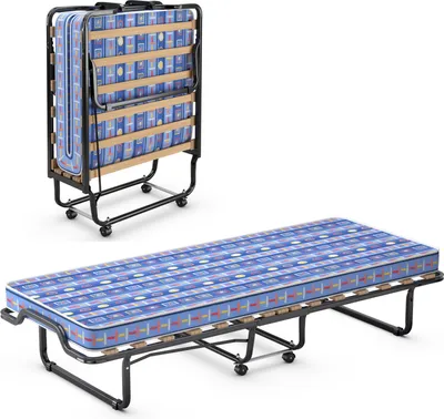 Produktbild von COSTWAY 80x200cm skladacia posteľ pre hostí, skladacia posteľ s matracom z odrazovej peny, skladacia posteľ s robustným oceľovým rámom, do 120 kg, kovová posteľ na kolieskach, do kancelárie v izbe pre hostí (modrá)