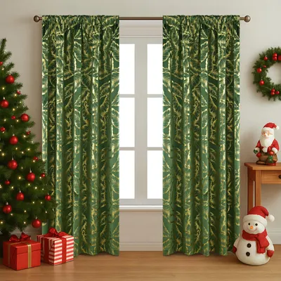Productafbeelding van Set van 2 fluwelen gordijnen, verduisterend, met gouden bladeren, geschikt voor Kerstmis, voor woonkamer of slaapkamer, groen, afmetingen 132 cm breed x 244 cm hoog