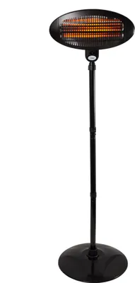 A black outdoor infrared heater on a stand against a white background.