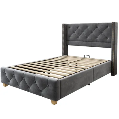 Produktbild von okwish Polsterbett 90×200 Einzelbett Jugendbett Kinderbett mit Lattenrost und Kopfteil, Knopfpolsterung,Nietenpolsterung aus Samt, Grau(ohne Matratze)