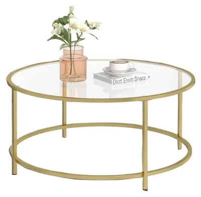 Immagine prodotto di Tavolino da caffè in vetro – tavolino decorativo in stile retrò – struttura in ferro dorato – 84 x 84 x 45,5 cm