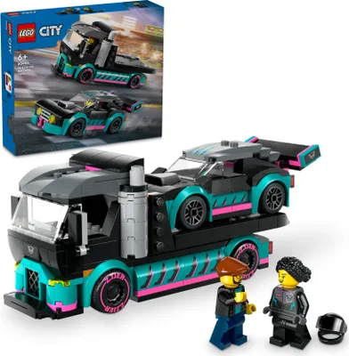 Productafbeelding van LEGO City Autotransporter met raceauto, vrachtwagen speelgoed met verstelbare laadbak en raceauto, bouwset met 2 minifiguren, een racecoureur en een vrachtwagenchauffeur, een leuk cadeau voor kinderen vanaf 6 jaar, modelnummer 60410