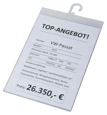 Produktbild von Verkaufsschilder aus Polycarbonat für die professionelle Preisauszeichnung, lichtecht, mit Haken oder Saugnapf, für DIN A4 oder A3 Preisschilder, Transparent, Format DIN A4 hoch
