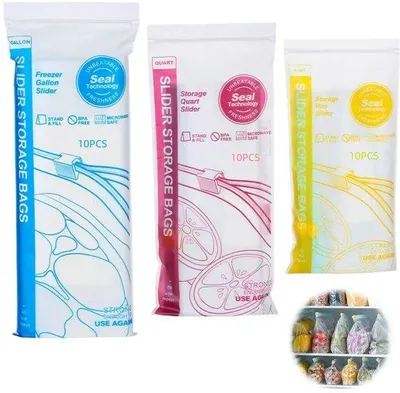 Imagen del producto de 30 bolsas resellables, aptas para congelador y microondas, de color