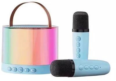 Immagine prodotto di Set karaoke per bambini, blu, portatile, Bluetooth, 2 microfoni, luci LED