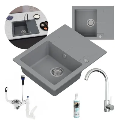 Produktbild von GranMaster Granitspüle Titanfarbe Set mit Stahlbatterie mit U-förmigem Auslauf, Professionelles Imprägniermittel und Platzsparender, Einbeckenspüle