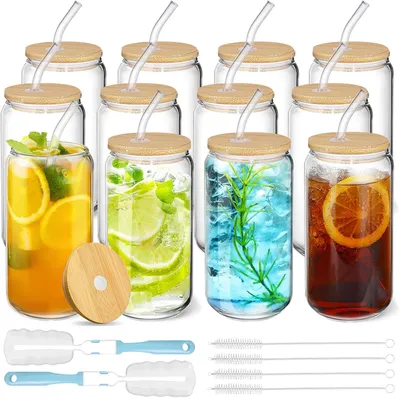 12er-Set Bierdosen-Gläser 16 oz mit Bambusdeckeln & Strohhalmen