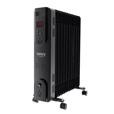 A black oil-filled radiator with a digital display and wheels, shown against a white background.