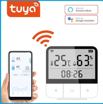 Zdjęcie produktu dla Tuya WiFi Inteligentny termometr Higrometr Wewnętrzny Czas Data Tydzień Wyświetlacz Inteligentny higrometr Kompatybilny z Alexa, sterowanie APP
