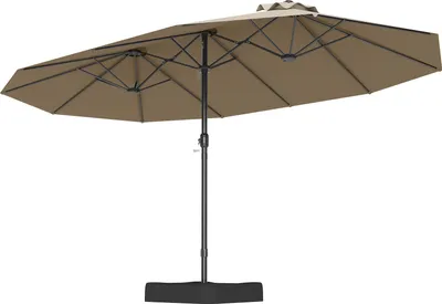 A double patio umbrella with a black base and pole, and tan fabric canopy.
