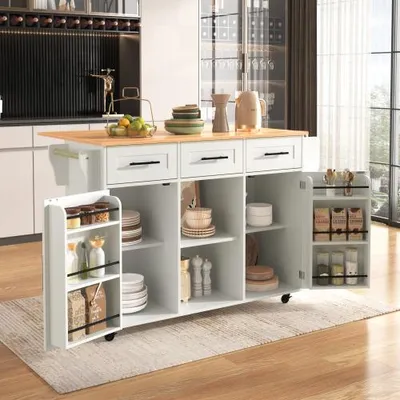 Produktbild von UnboxG Esswagen/Anrichte 139x46(71)x91,5 cm – Weißer Korpus mit Massivholz-Arbeitsplatte, Klappbare Arbeitsplatte, Ablagetür, Rollen & Auswechselbare Massivholzfüße