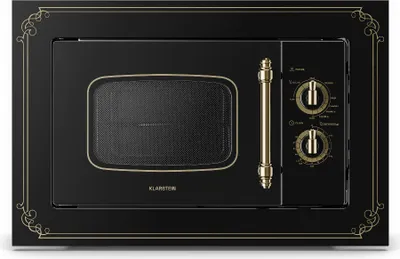 A front view of a black retro-style microwave with gold accents.