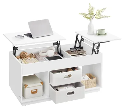 Produktbild von Couchtisch/Wohnzimmertisch - LCT210 mit hochklappbarer Tischplatte - Höhenverstellbar - 2 Schubladen - Versteckter Stauraum - Offenes Fach - Holz - Weiß