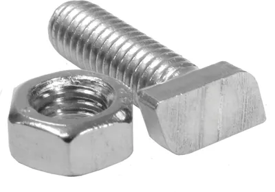 A close-up studio shot of a silver metal bolt and nut against a white background.