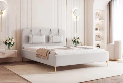 Obrázek produktu pro BESILIO Postel na zlatých nožkách 160x200 Monti II - Štíhlá postel, ozdobné vytahovací polštáře, kovové nožky, s rámem a lněným boxem - Světle šedá barva
