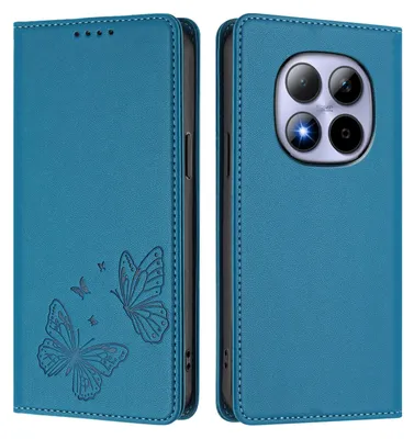 Produktbild von Lederhülle für Xiaomi Redmi Note 15 Pro 4G, Schmetterling Prägung Leder Brieftasche Schutzhülle mit Ständer Blau