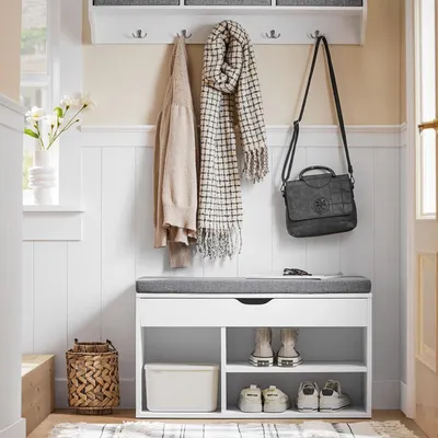 Image de Banc à chaussures - Étagère à chaussures FSR45 - Avec coussin d'assise - Bois - Moderne minimaliste - 80 x 46 x 30 cm - Blanc