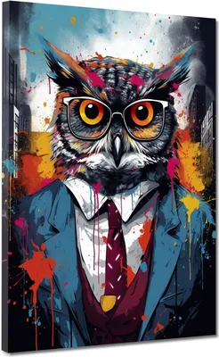 Produktbild von Pop Art Eule im Anzug und Krawatte Leinwandbild Wandbild Kunstdruck XL Wanddeko: 75x100x4cm