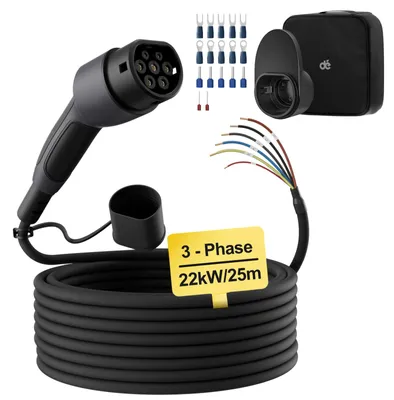 Image de Câble de recharge pour véhicule électrique - Type 2 vers borne ouverte - 22 kW - Triphasé - 32 A - 230 V - 25 m - IP55